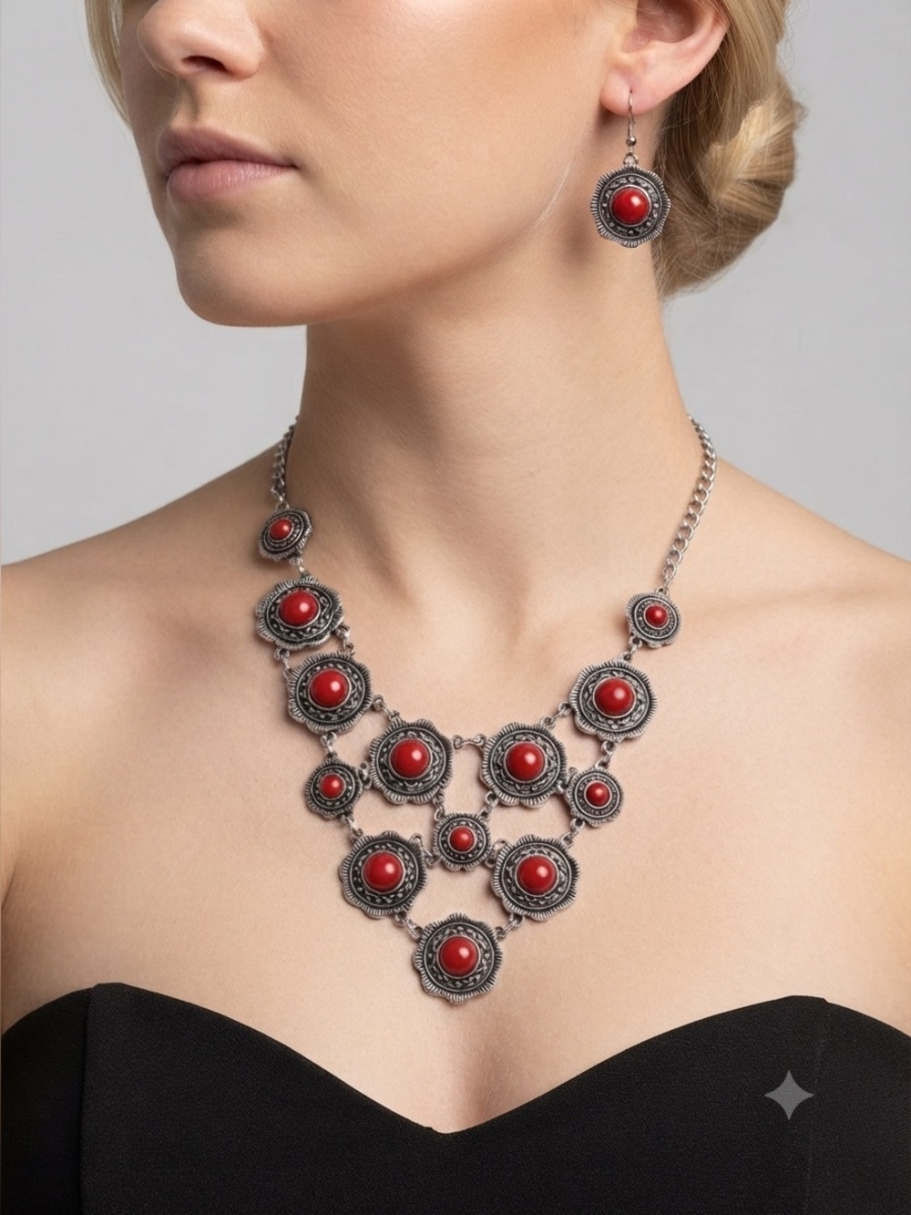 Vintage-Inspired Red Statement Necklace and Earrings Set